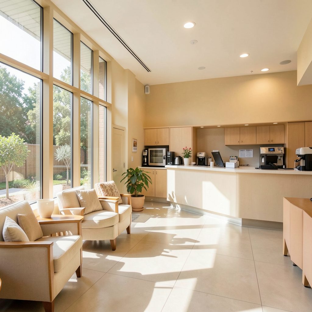 A bright community center interior with natural light streaming through large windows onto a welcoming reception area