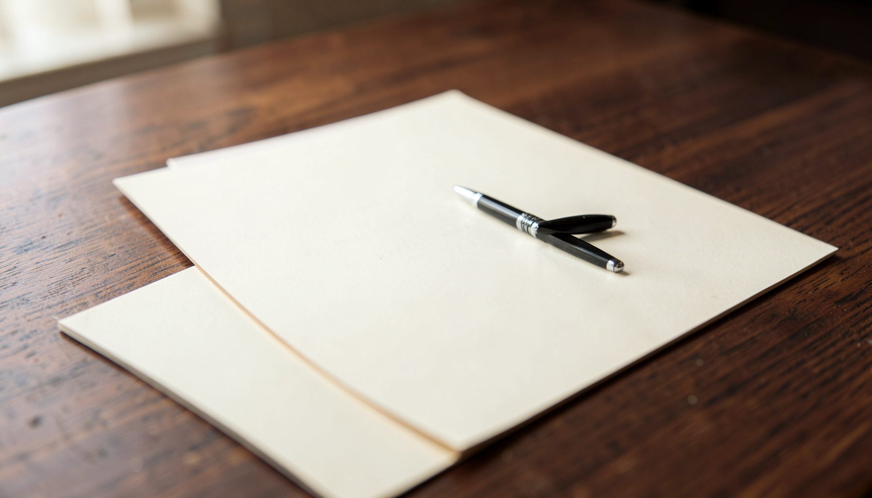 A formal document with a pen resting on it, set on a wooden desk in soft natural light, deep brown and cream palette
