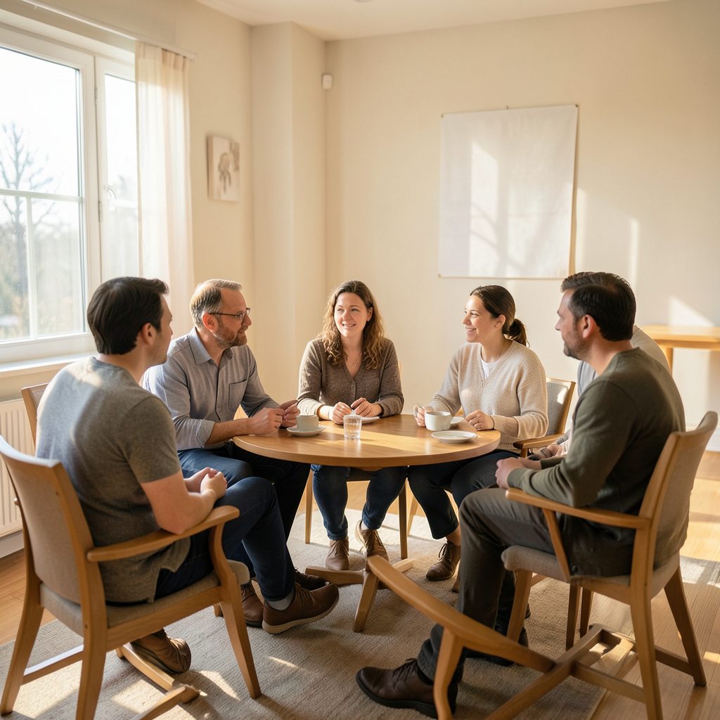 A small group of people seated in a circle in a sunlit meeting room, engaged in discussion, warm neutral palette