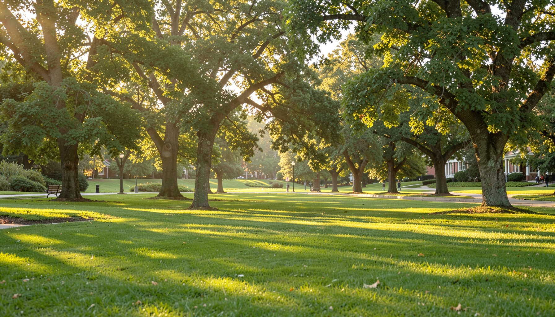 Warm morning light across a quiet community park with green lawns and mature trees, soft golden and sage tones